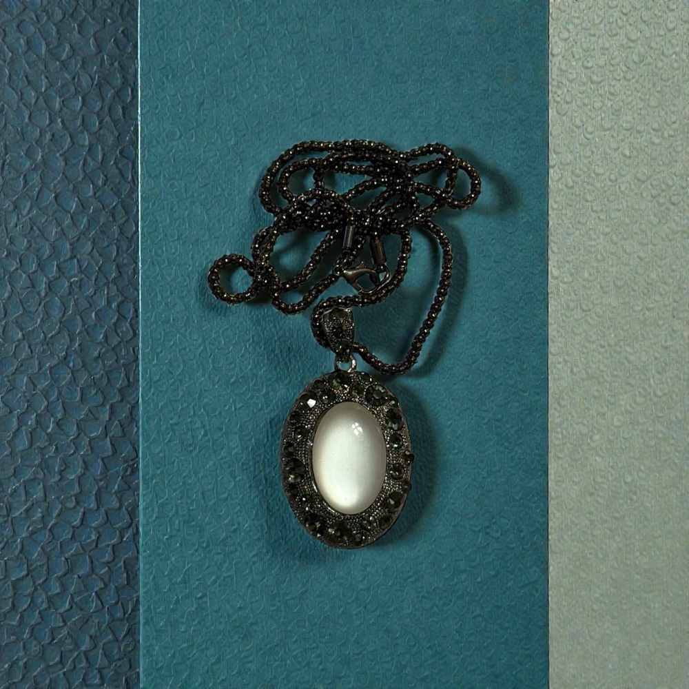 Gun Metal and White Moonstone Pendant Necklace